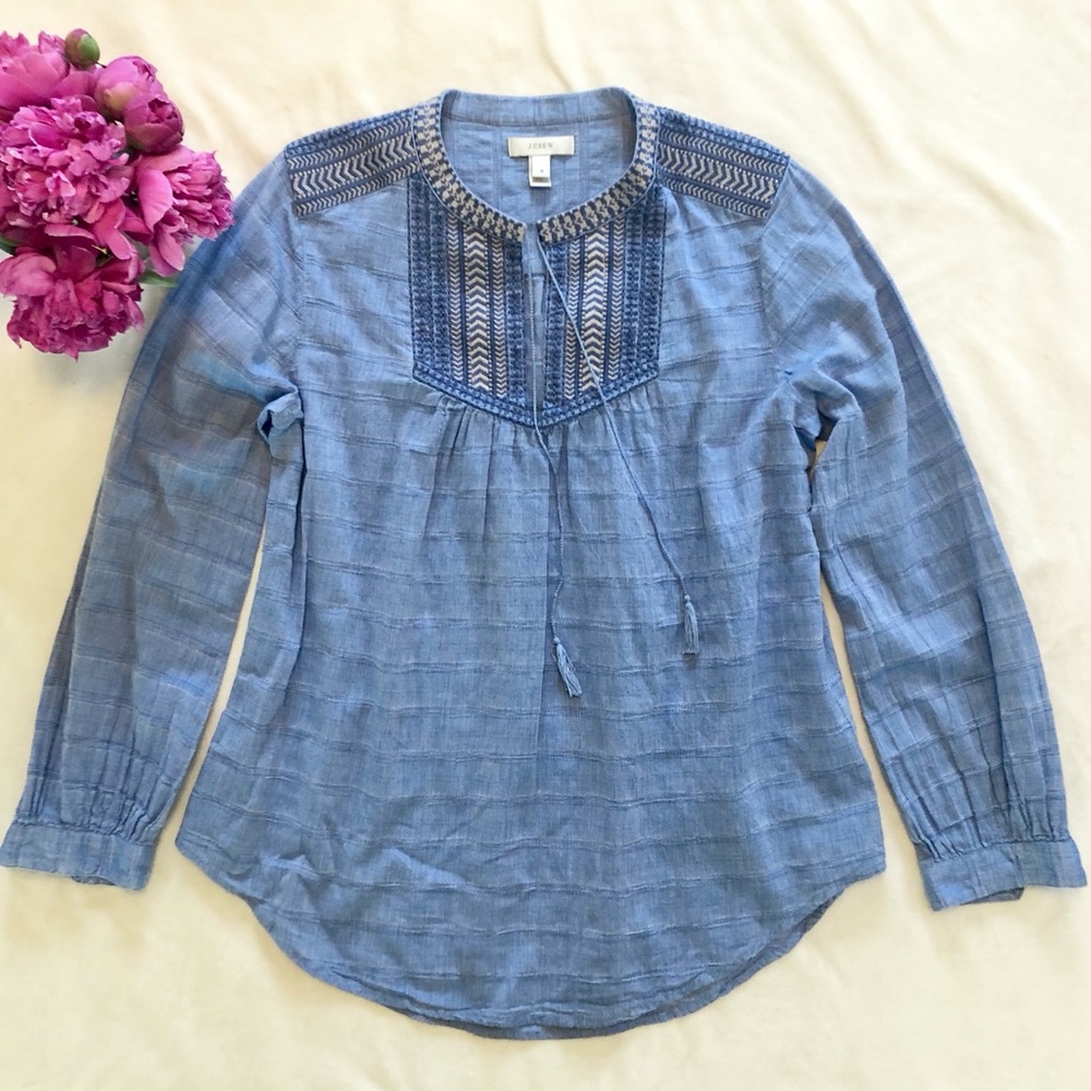 J. Crew embroidered placket peasant tassel top EUC